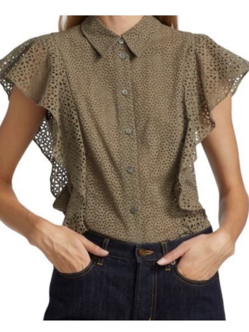 BOGO! Theory BD Ruffle Nova Eyelet Blouse in Willow Green Size XS
